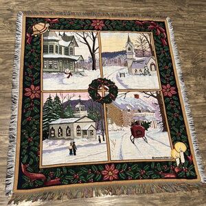 Vintage Crown Crafts Holiday Tapestry Throw Blanket with Winter Scenes